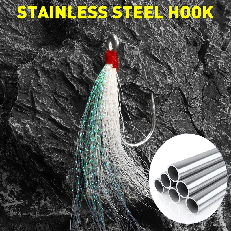 SILANON Bucktail Teaser Fishing Hooks,5pcs Saltwater Flounder Rig Stainless Steel Fishing Jig Hooks Bucktail Mylar Flash Teasers Inserted for Striper Catfish Cod Flounder Hi/Lo Rig - Image 4